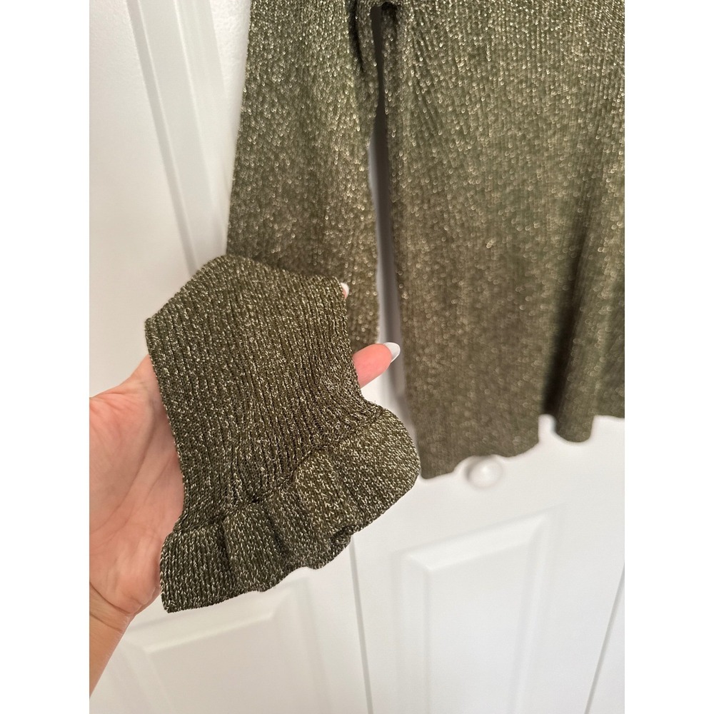 Boden Olive Green Metallic Thread Sweater Sz XL Ruffle Sleeves Semi Sheer Luxury - Picture 4 of 8